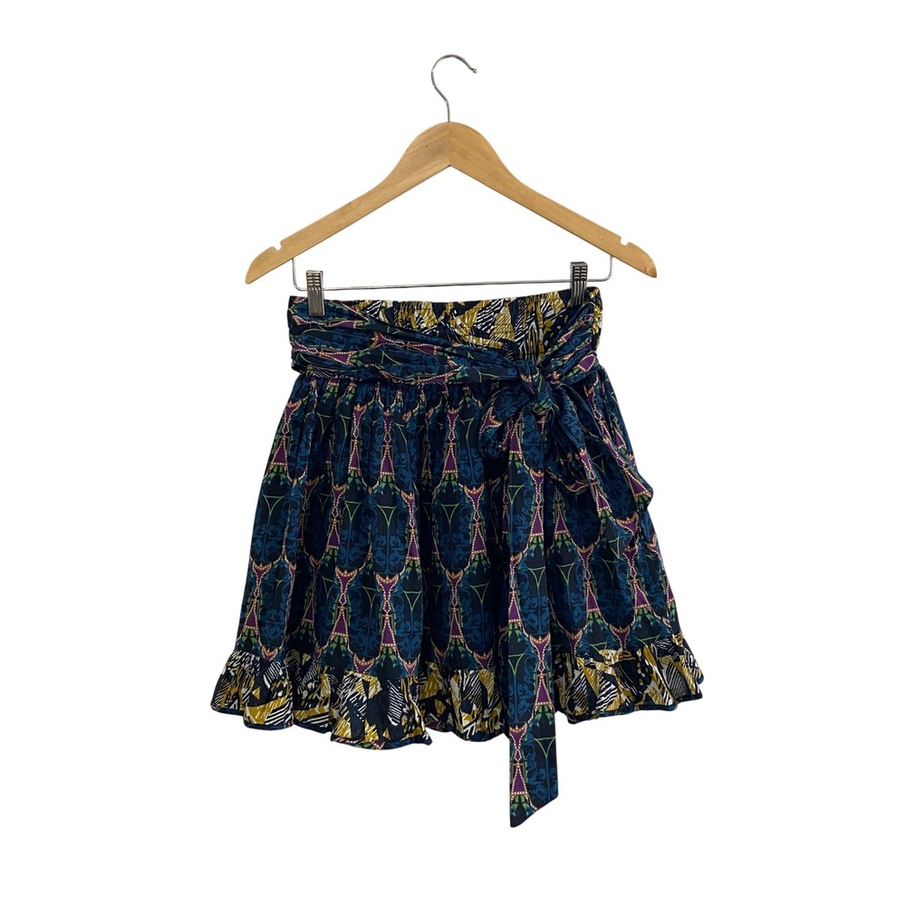Let Me Be Anthropologie Cotton Ruffle Mini Skirt Pockets Boho‎ Tribal Print S